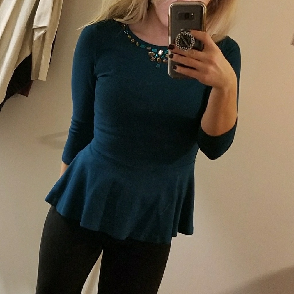 Blue Peplum 3/4 Sleeve Top